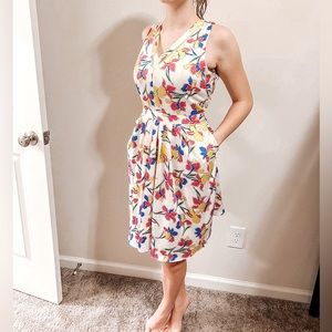 spring floral dress. Banana republic. Hot pink, royal blue, lemon yellow flowers